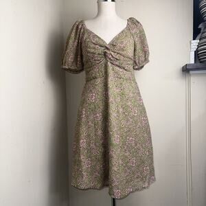 NWT Japna Olive Green Pink Floral Smocked Dress Puffy Sleeves Sz Xtra Large XL